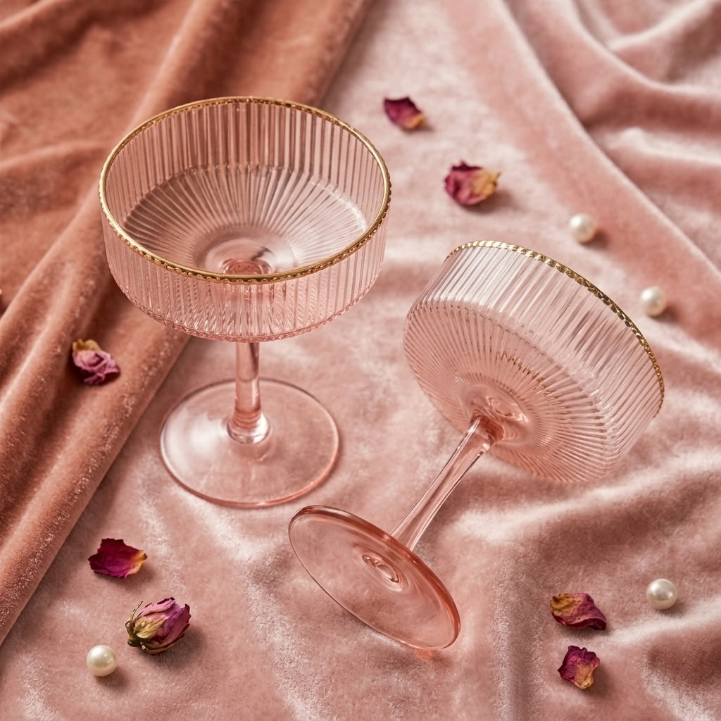 Blush Pink Stem Fluted Coupe Glass Set with Rose Gold Beaded Rim (Set of 4)