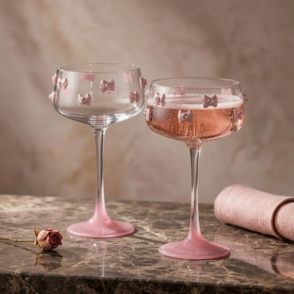 Jeweled Pink Bow Coquette Coupe Glass Set (Set of 4)