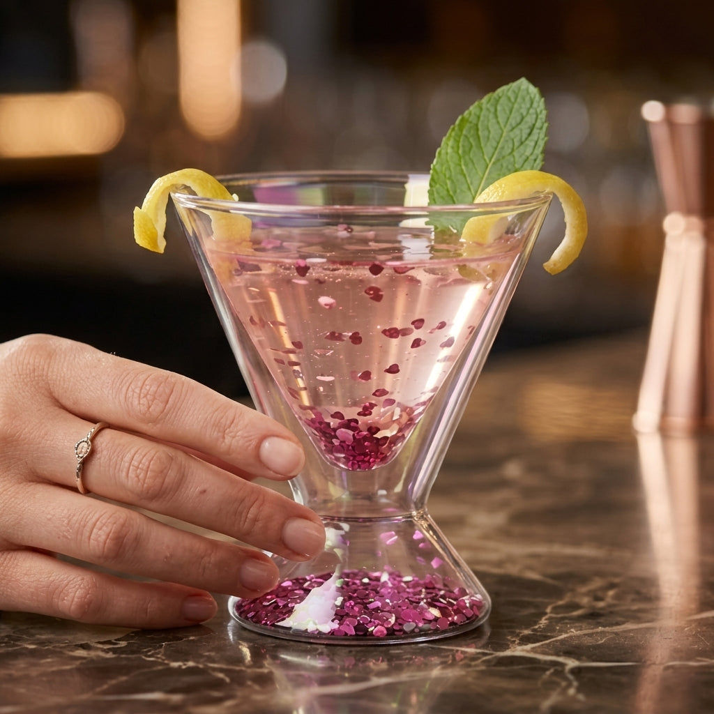 Iridescent Double-Walled Heart Confetti Stemless Martini Glass Set (Set of 2)