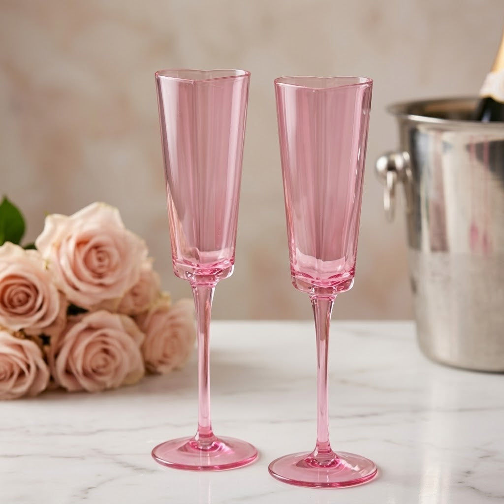 Vibrant Pink Heart-Shaped Champagne Flute Set (Set of 2)