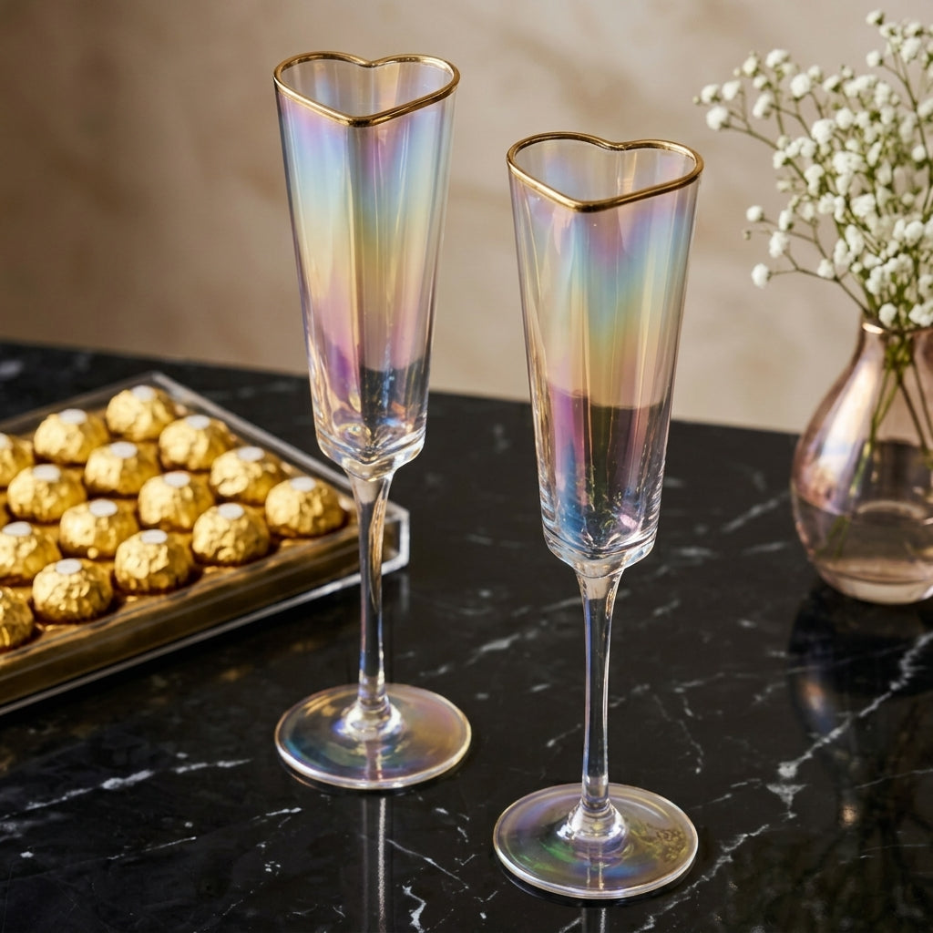 Iridescent Heart-Shaped Champagne Flute Set with Gold Rim (Set of 2)