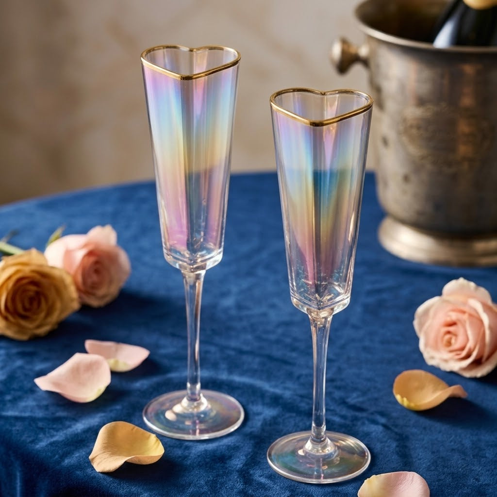 Iridescent Heart-Shaped Champagne Flute Set with Gold Rim (Set of 2)