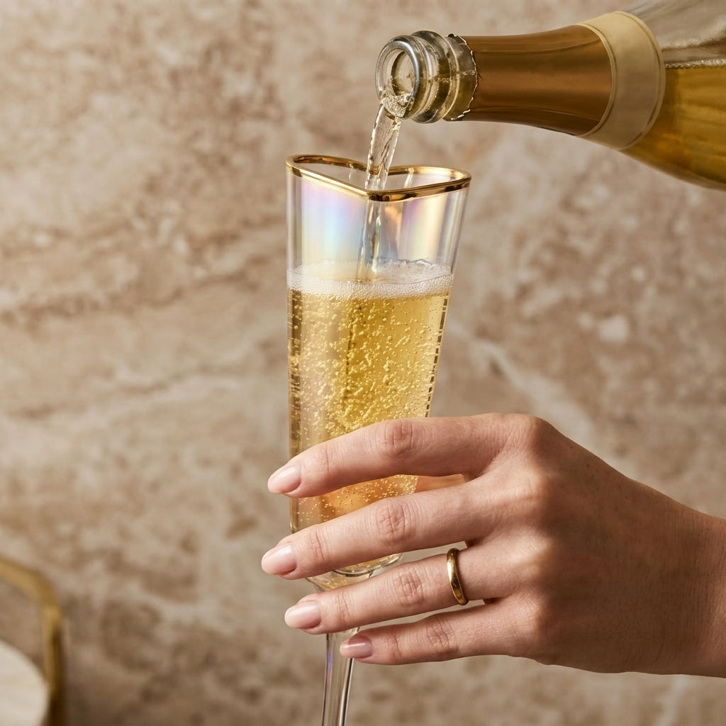 Iridescent Heart-Shaped Champagne Flute Set with Gold Rim (Set of 2)