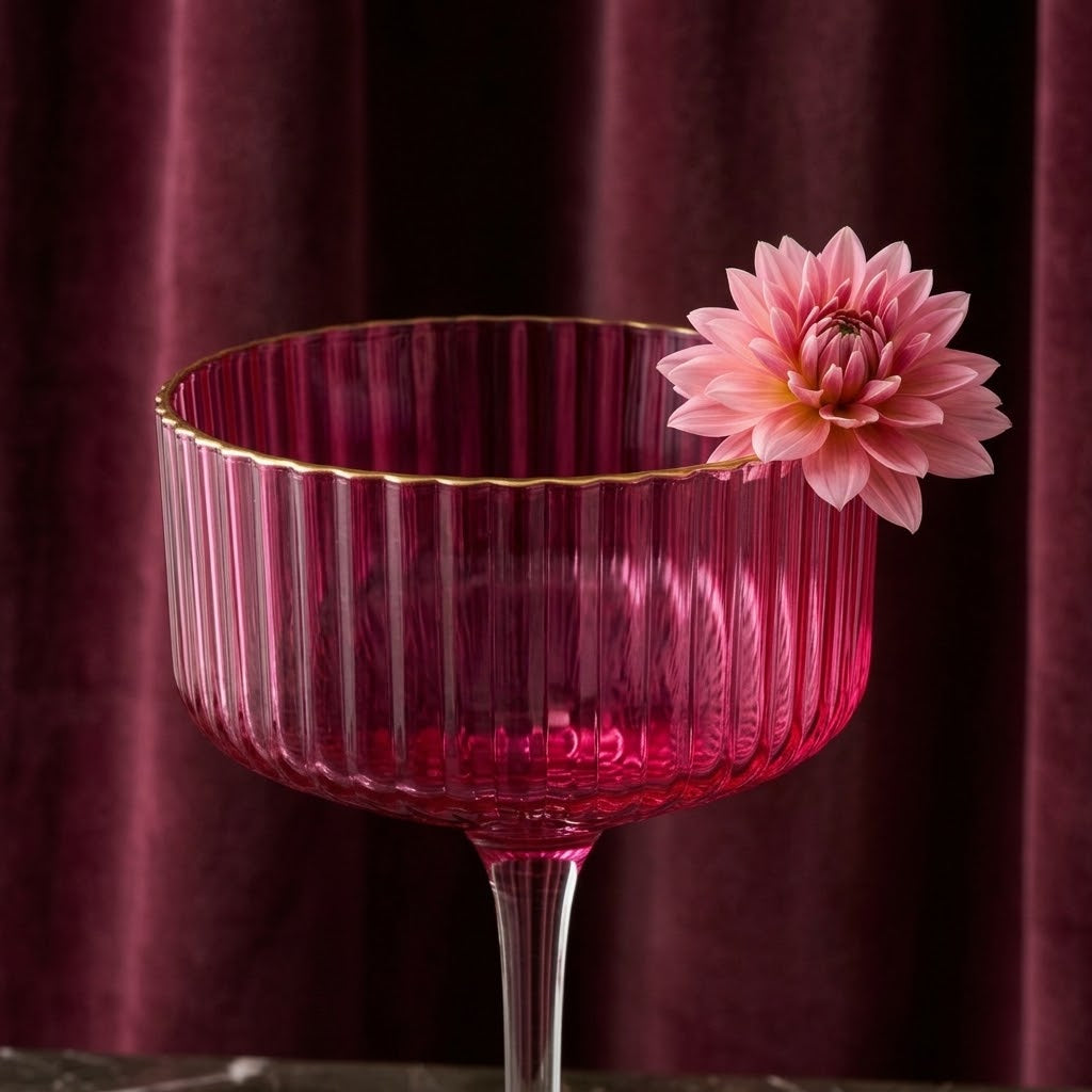 Vibrant Fuchsia Gold-Rimmed Fluted Coupe Glass Set (Set of 4)