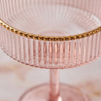 Blush Pink Stem Fluted Coupe Glass Set with Rose Gold Beaded Rim (Set of 4)