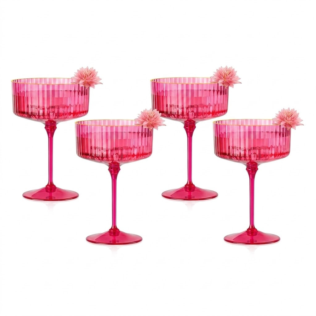 Vibrant Fuchsia Gold-Rimmed Fluted Coupe Glass Set (Set of 4)