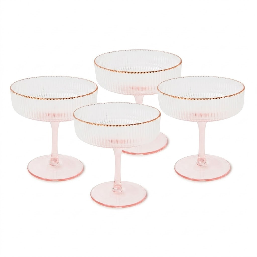 Blush Pink Stem Fluted Coupe Glass Set with Rose Gold Beaded Rim (Set of 4)