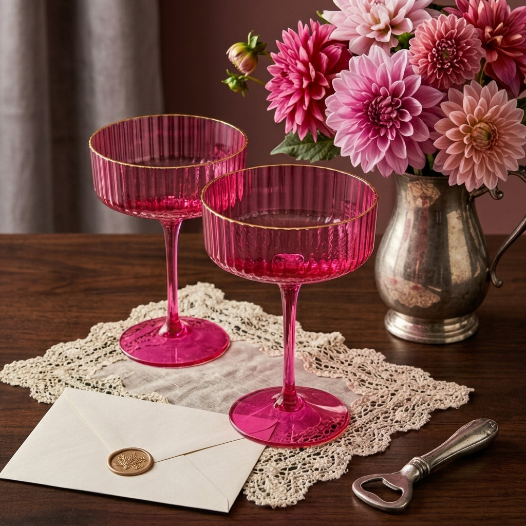 Vibrant Fuchsia Gold-Rimmed Fluted Coupe Glass Set (Set of 4)