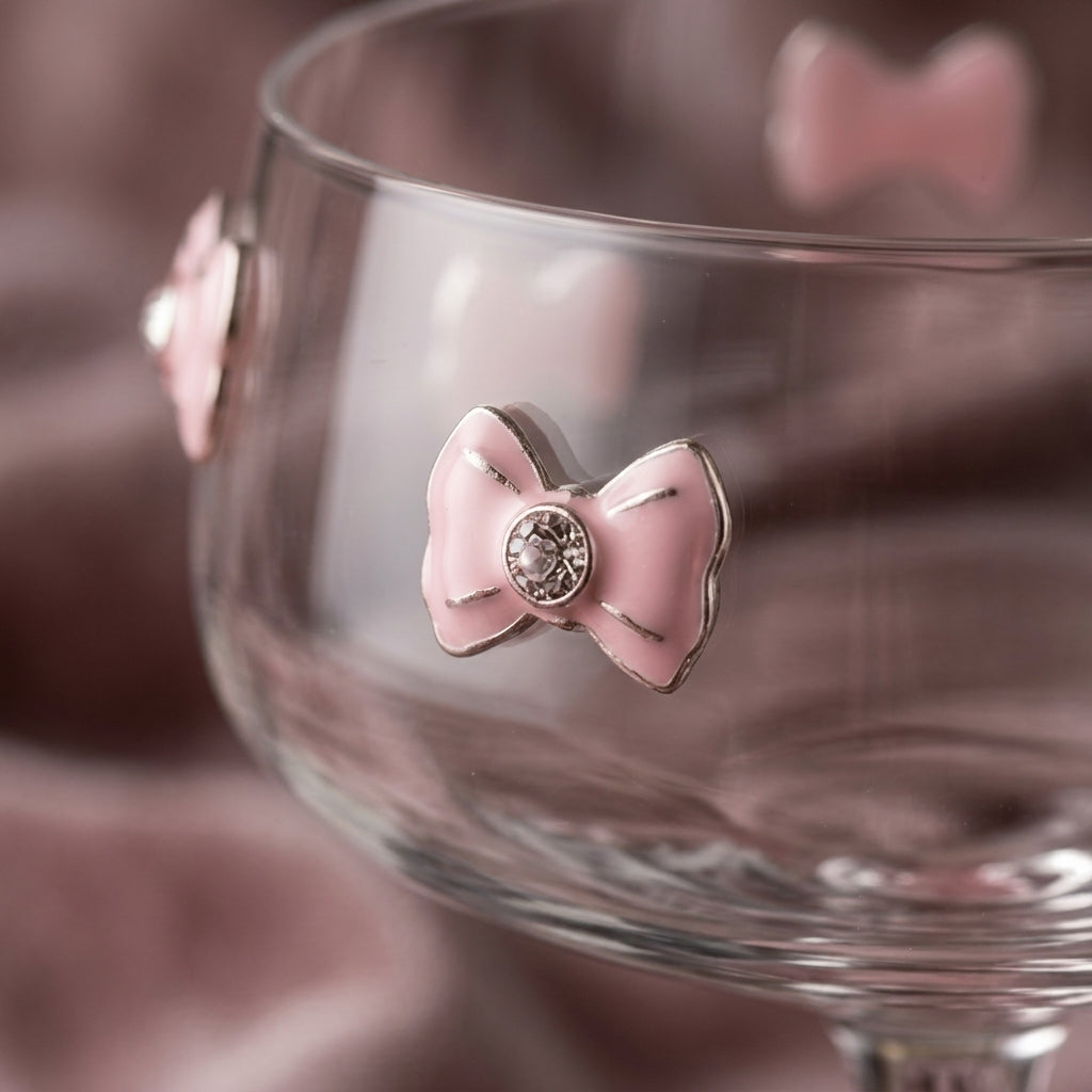 Jeweled Pink Bow Coquette Coupe Glass Set (Set of 4)