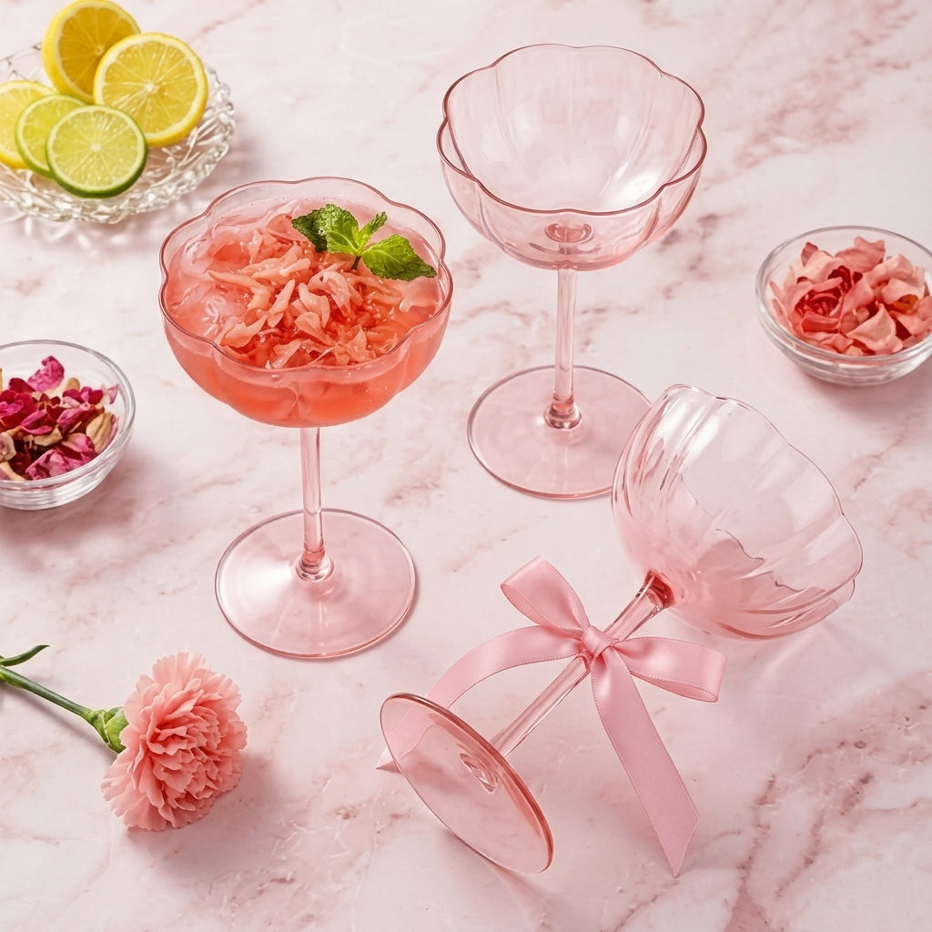 Blush Pink Floral Scalloped Coupe Glass Set (Set of 5)