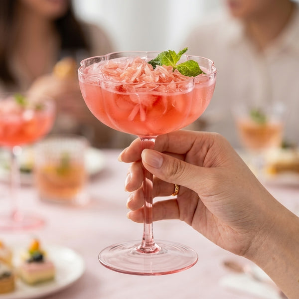 Blush Pink Floral Scalloped Coupe Glass Set (Set of 5)