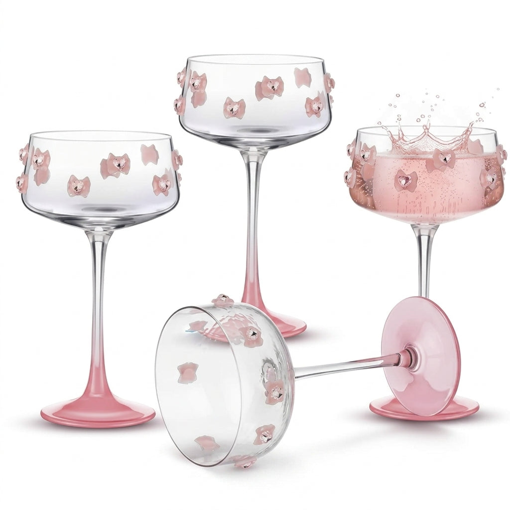 Jeweled Pink Bow Coquette Coupe Glass Set (Set of 4)