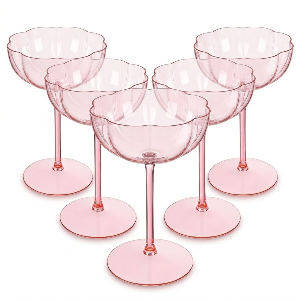 Blush Pink Floral Scalloped Coupe Glass Set (Set of 5)