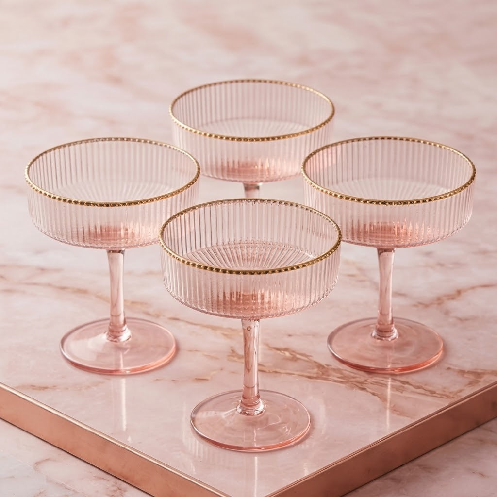 Blush Pink Stem Fluted Coupe Glass Set with Rose Gold Beaded Rim (Set of 4)