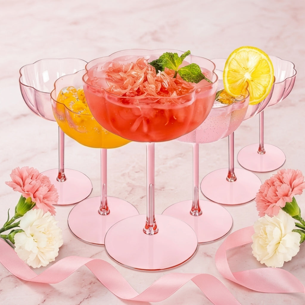 Blush Pink Floral Scalloped Coupe Glass Set (Set of 5)