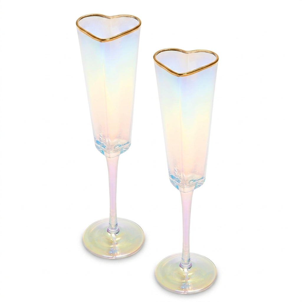 Iridescent Heart-Shaped Champagne Flute Set with Gold Rim (Set of 2)