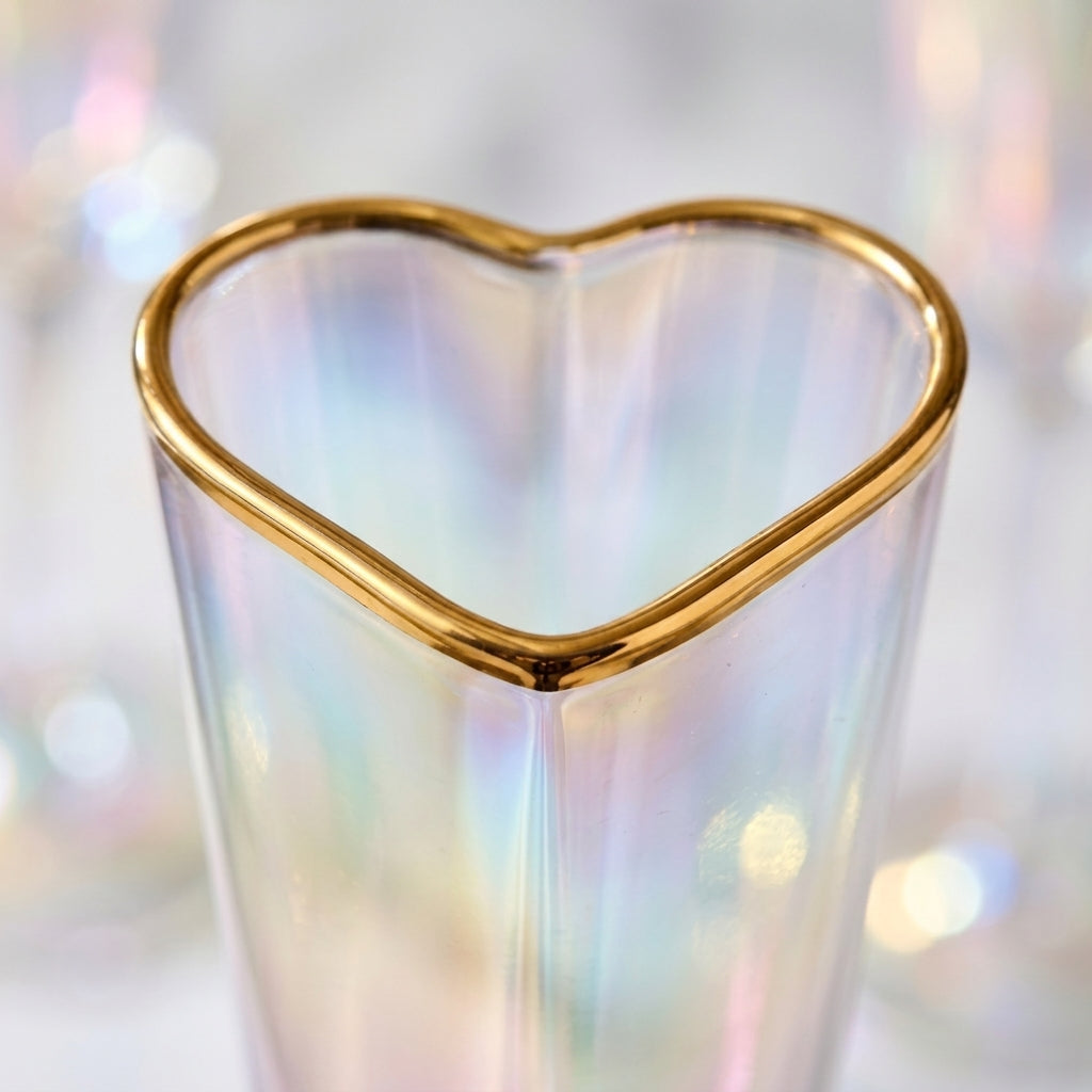 Iridescent Heart-Shaped Champagne Flute Set with Gold Rim (Set of 2)