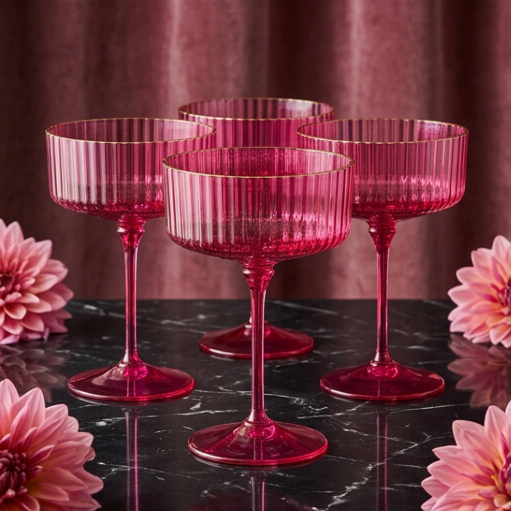 Vibrant Fuchsia Gold-Rimmed Fluted Coupe Glass Set (Set of 4)